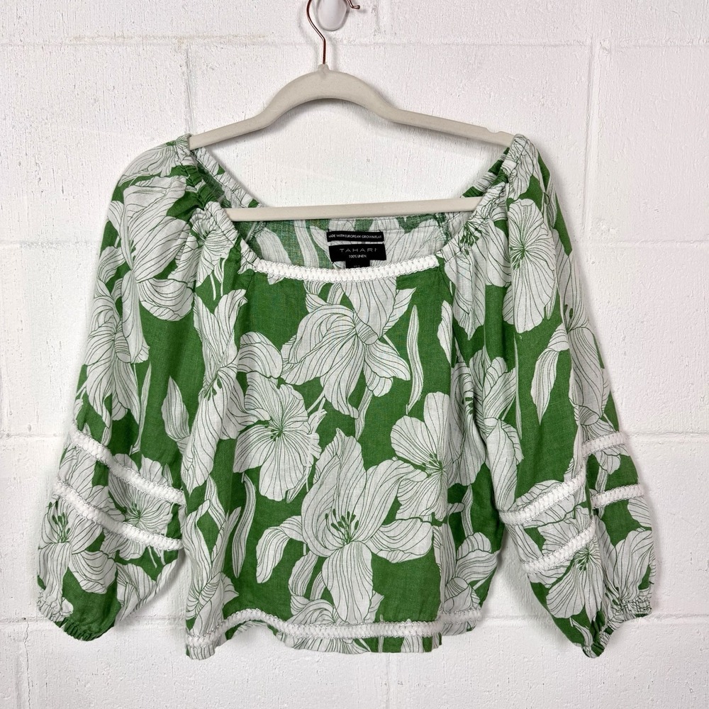 Tahari 100% Linen Top Green Tropical Floral Sustainable Island Peasant Cottage S